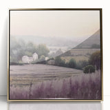Framed acrylic wall art showcasing a serene countryside landscape with lush greenery and rolling hills, accented by a stylish gold frame, perfect for home decor.