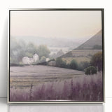 Framed acrylic wall art depicting a serene countryside landscape with rolling hills and vibrant greenery, featuring a sleek silver frame, perfect for home decor enhancement.
