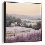 Framed landscape countryside wall art showcasing vibrant green fields and a serene blue sky, with a sleek black frame, ideal for home decor and enhancing interior aesthetics.
