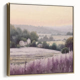 Framed landscape wall art depicting a serene countryside scene with rolling hills and vibrant colors, accented by a silver and gold frame, ideal for enhancing home decor.