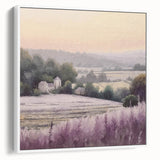 Framed landscape wall art showcasing a serene countryside scene with lush greenery and a clear blue sky, presented in a white frame. Ideal for home decor.