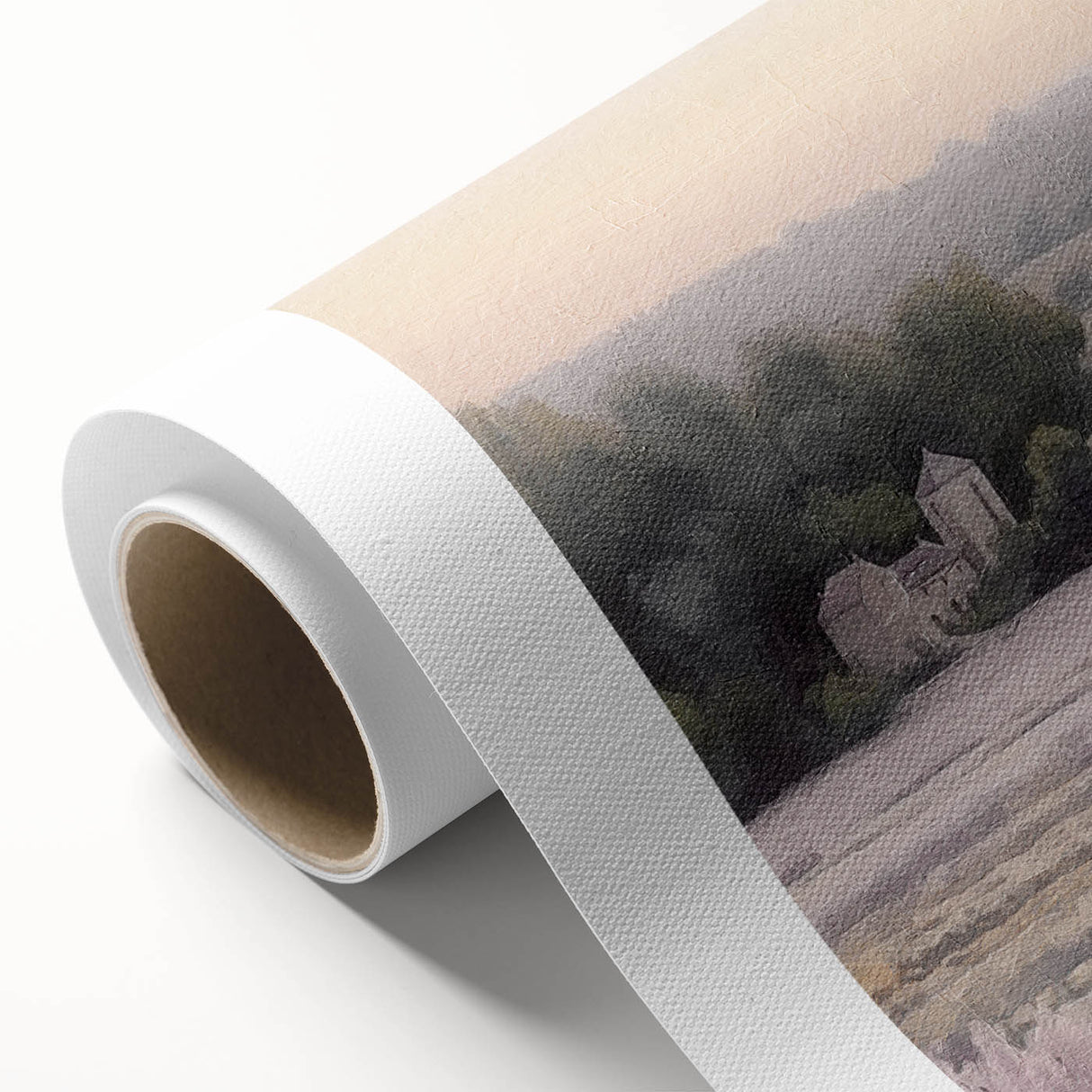 Vibrant landscape countryside wall art on rolled canvas showcasing lush green fields and a serene sky, perfect for enhancing home decor aesthetics.