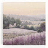 Stretched canvas wall art depicting a serene landscape scene with rolling hills and a vibrant sunset, perfect for enhancing home décor with a countryside charm.