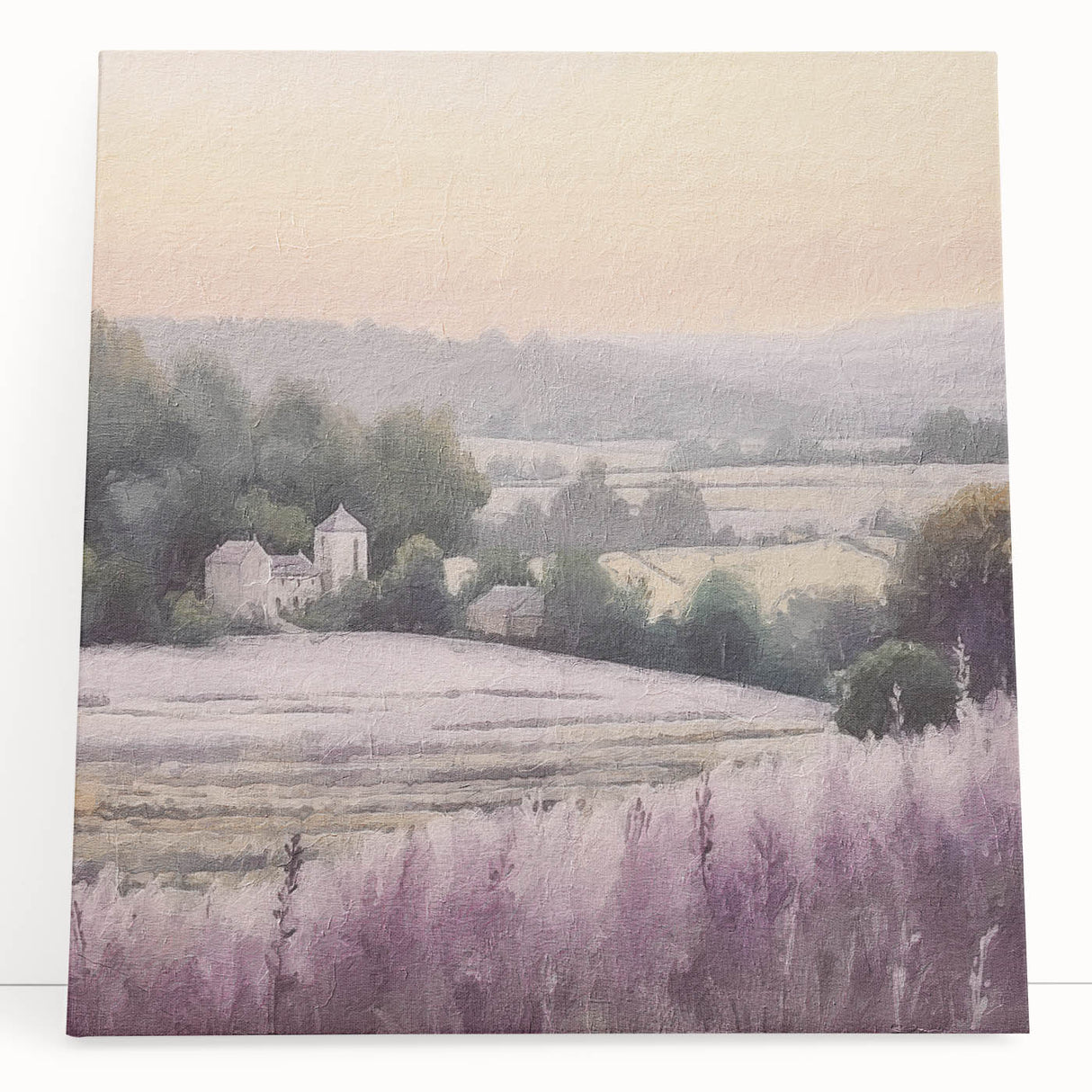 Stretched canvas wall art depicting a serene countryside landscape with lush green fields, soft clouds, and a tranquil atmosphere, perfect for home decor.