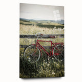 Acrylic glass artwork showcasing a vibrant countryside landscape with rolling hills and lush greenery, displayed in a side view without pins, perfect for home decor.