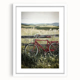 Framed countryside landscape artwork with a white mat, showcasing vibrant green fields and a blue sky, perfect for enhancing home decor and interior design themes.