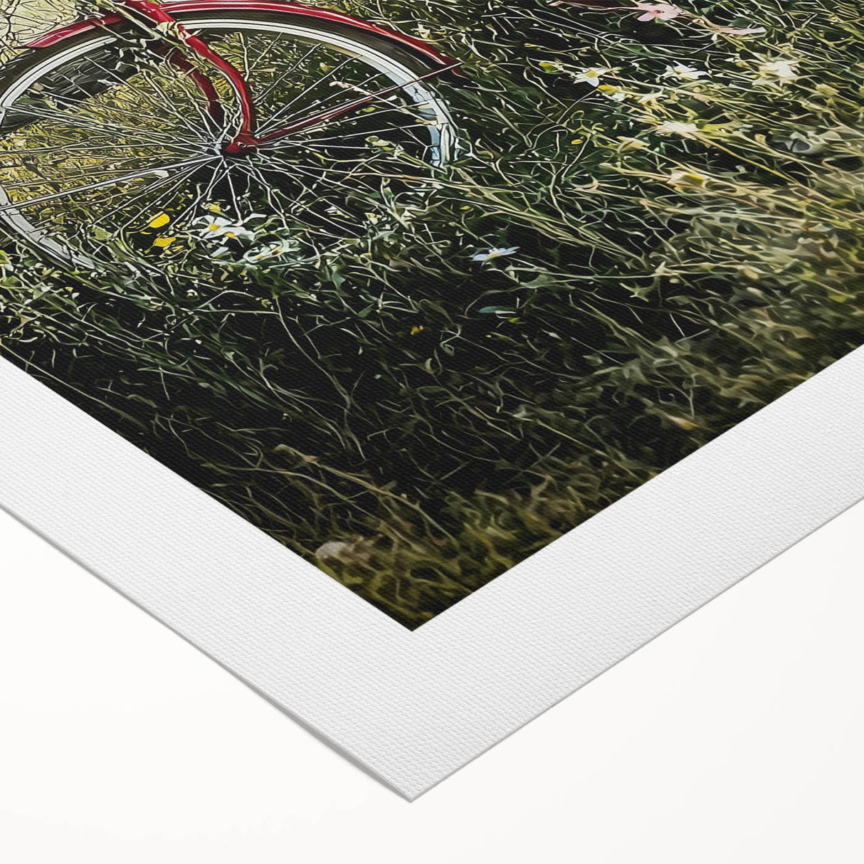 Rolled canvas artwork showcasing a vibrant countryside landscape, featuring lush green fields and a clear blue sky, elegantly packaged in a protective cardboard tube.