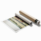 Rolled print showcasing a vibrant countryside landscape with rolling hills and lush greenery, elegantly packaged in a protective cardboard tube for easy display. Perfect for home décor enthusiasts seeking nature-inspired art.
