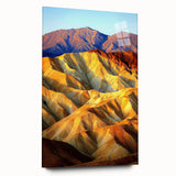 Acrylic glass art piece showcasing a vibrant desert landscape design, viewed from the side, highlighting its sleek profile and rich colors, perfect for modern decor.