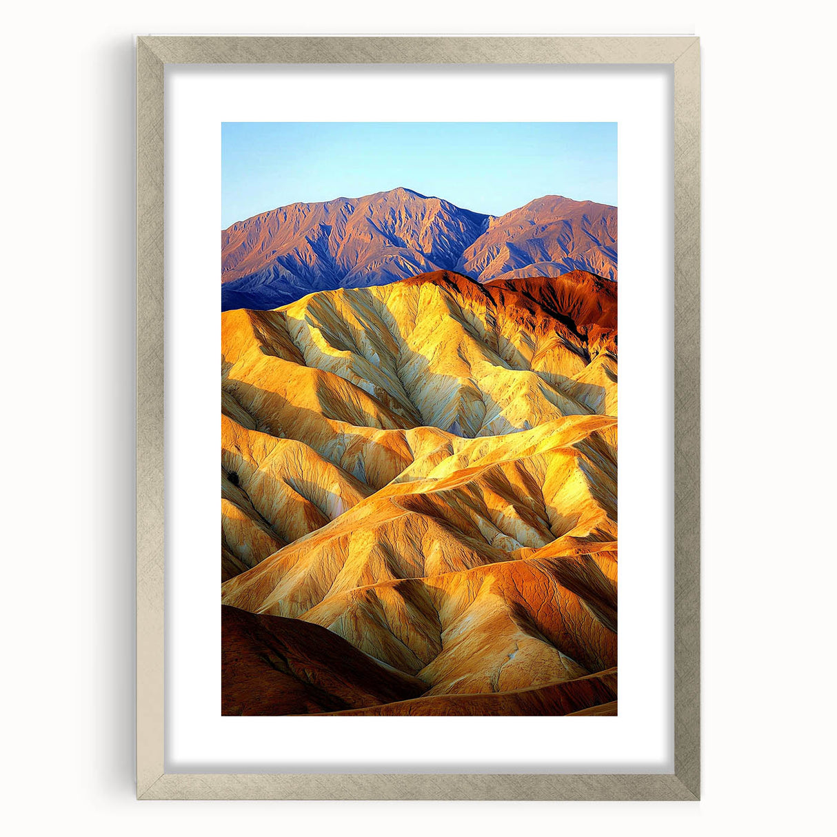 Framed desert landscape artwork in a silver mat, showcasing vibrant hues of orange and brown with intricate details, perfect for home decor.