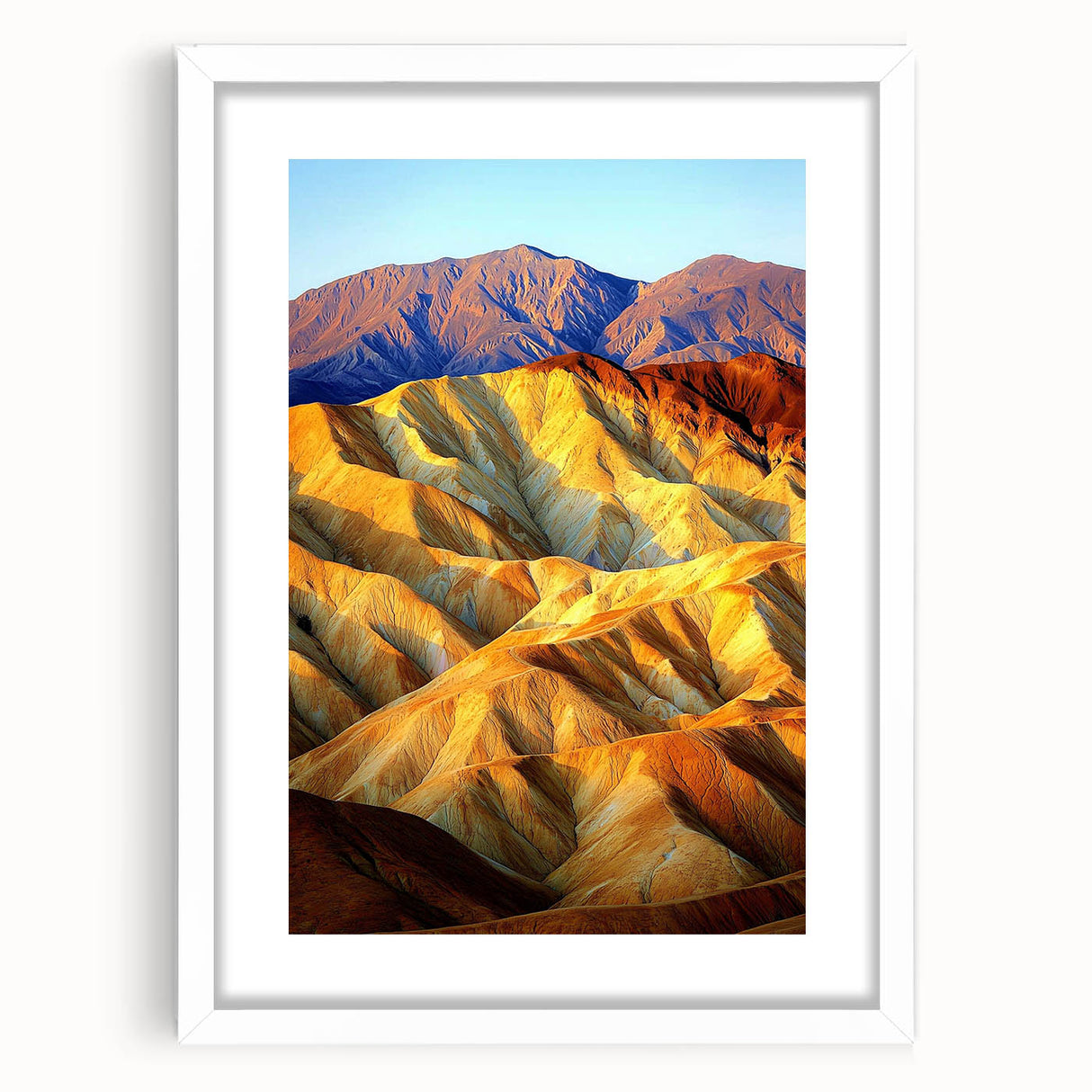 Framed desert landscape artwork with a white mat, showcasing vibrant colors and intricate details, perfect for home decor in a modern setting.