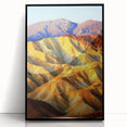 Framed acrylic wall art showcasing a vibrant desert landscape with striking colors, presented in a sleek black frame, perfect for modern home decor.