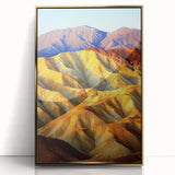 Framed acrylic artwork showcasing a vibrant desert landscape with gold accents, designed to enhance modern home decor, ideal for art enthusiasts.