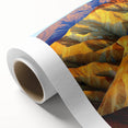 Rolled canvas showcasing a vibrant desert landscape design with warm hues of orange and yellow, expertly packaged in a protective cardboard tube for easy transport.
