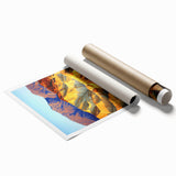 Desert landscape rolled print showcasing vibrant hues of orange and yellow, capturing the serene beauty of dunes under a bright blue sky, ideal for home decor.