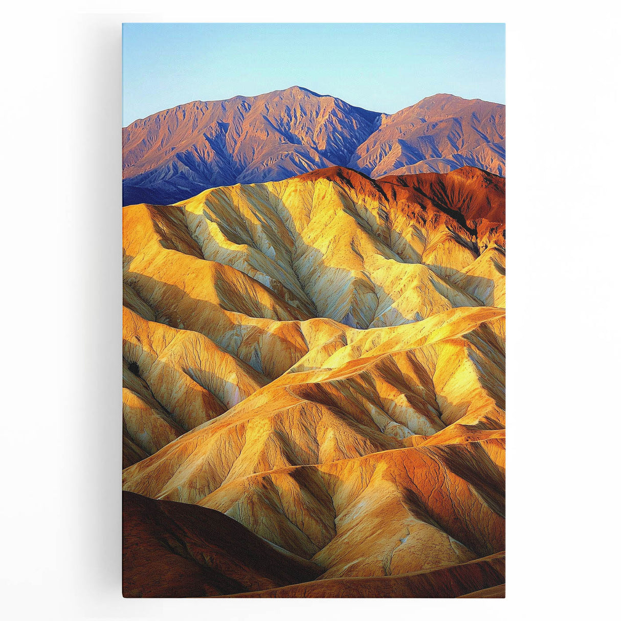 Stretched canvas art displaying a vibrant desert landscape with warm hues of orange and yellow, perfect for enhancing home decor and creating a serene atmosphere.