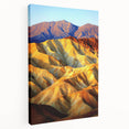 Stretched canvas artwork depicting a vibrant desert landscape, showcasing rich orange and yellow hues with textured brushstrokes, perfect for home decor.