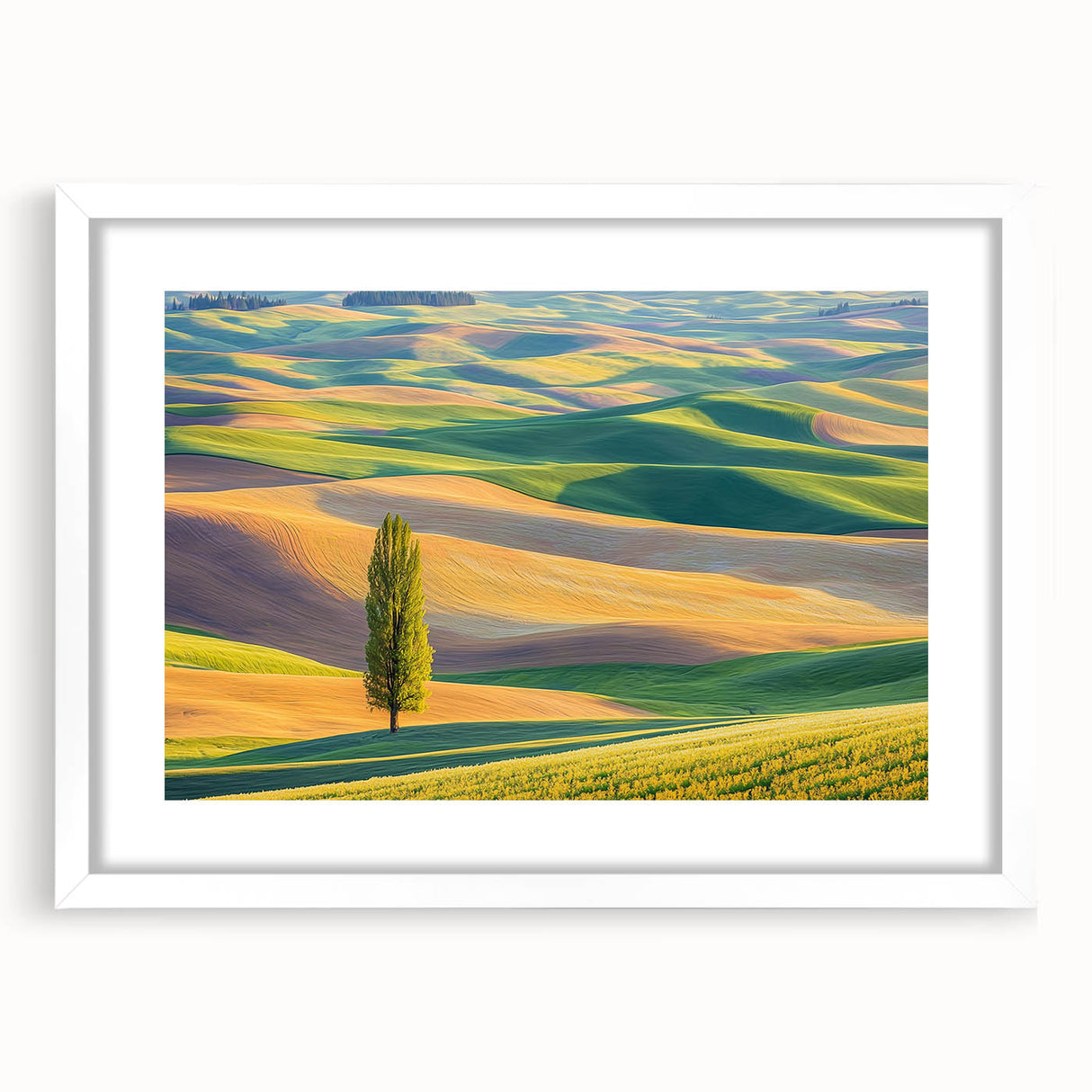 Framed landscape artwork featuring a serene field scene with vibrant green grass and a clear blue sky, complemented by a white mat and sleek frame, perfect for home decor.