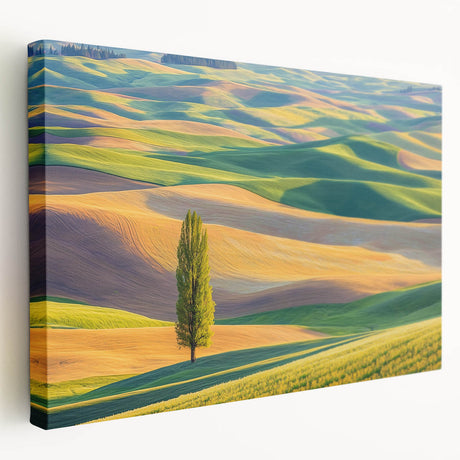 Stretched canvas artwork showcasing a vibrant landscape with rolling fields in warm colors, designed for wall display, adding a serene touch to home decor.