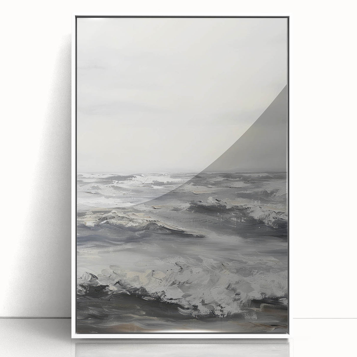 Framed acrylic artwork showcasing a serene landscape design with vibrant colors, set in a sleek white frame, perfect for enhancing modern home decor.