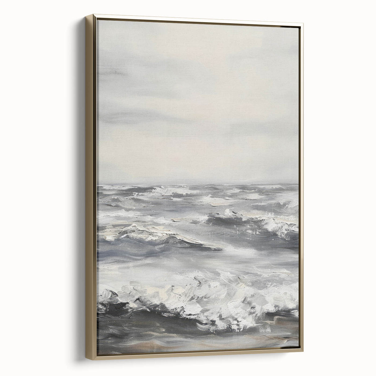 Framed canvas artwork showcasing a serene landscape in gold tones, elegantly displayed in a side view, perfect for enhancing modern home decor.