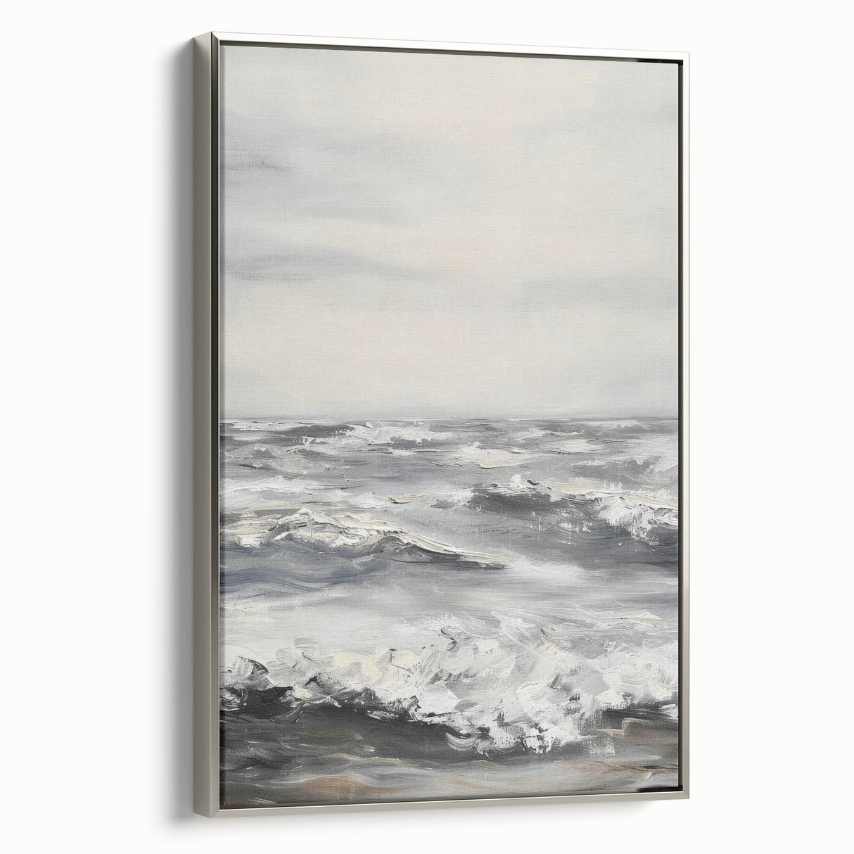 Framed canvas art of a serene landscape in silver tones, showcasing intricate details and textures, perfect for enhancing modern home decor.