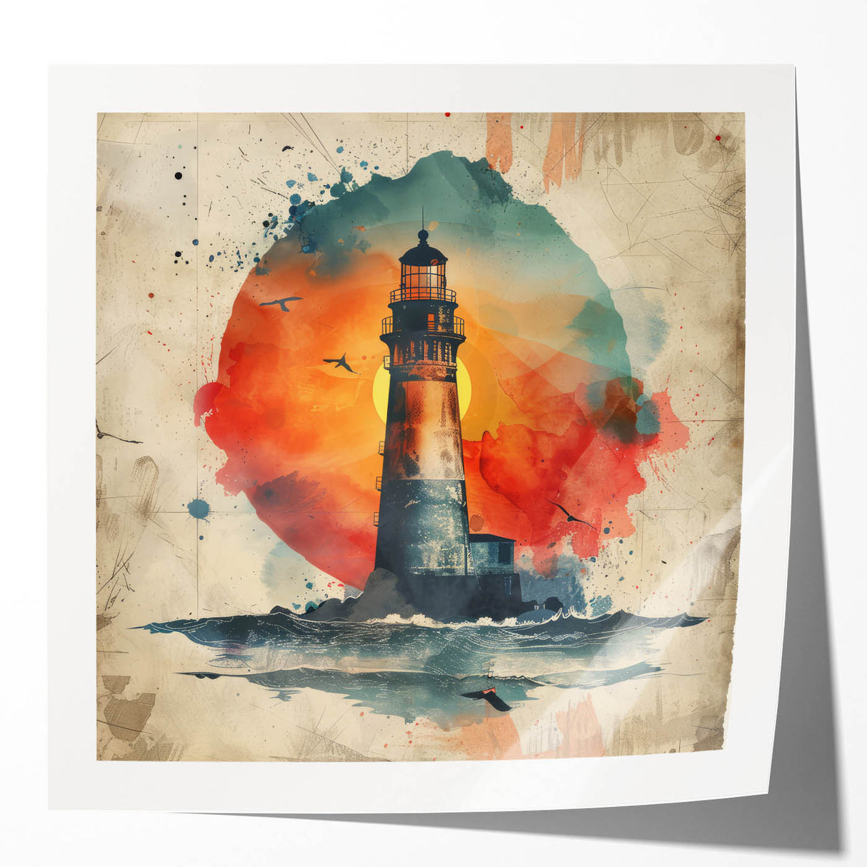 Lighthouse wall art design printed on glossy canvas, showcasing vibrant colors and intricate details, ideal for coastal-themed home decor.