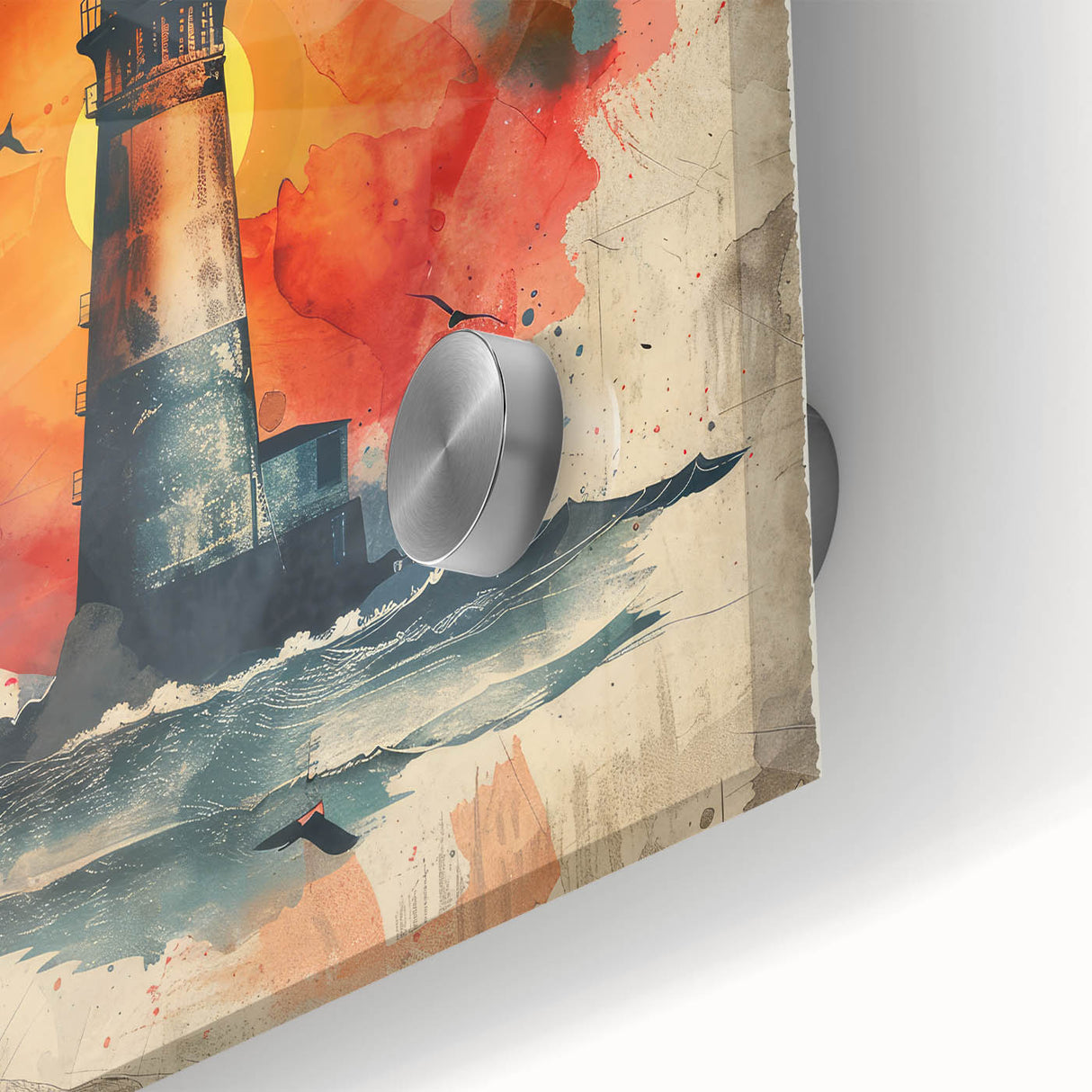 Close-up of a vibrant acrylic glass wall art piece featuring a picturesque lighthouse surrounded by serene landscapes, perfect for home decor.