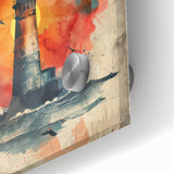 Close-up of a vibrant acrylic glass wall art piece featuring a picturesque lighthouse surrounded by serene landscapes, perfect for home decor.