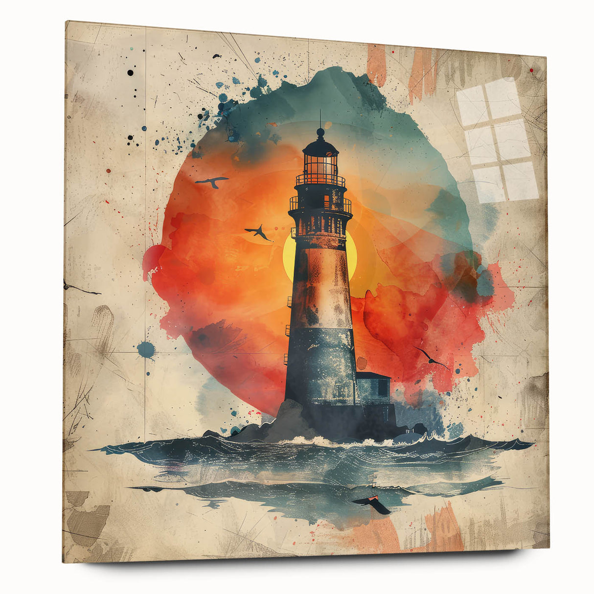 Side view of a lighthouse wall art piece made from acrylic glass, showcasing vibrant colors and intricate details, perfect for modern home decor.