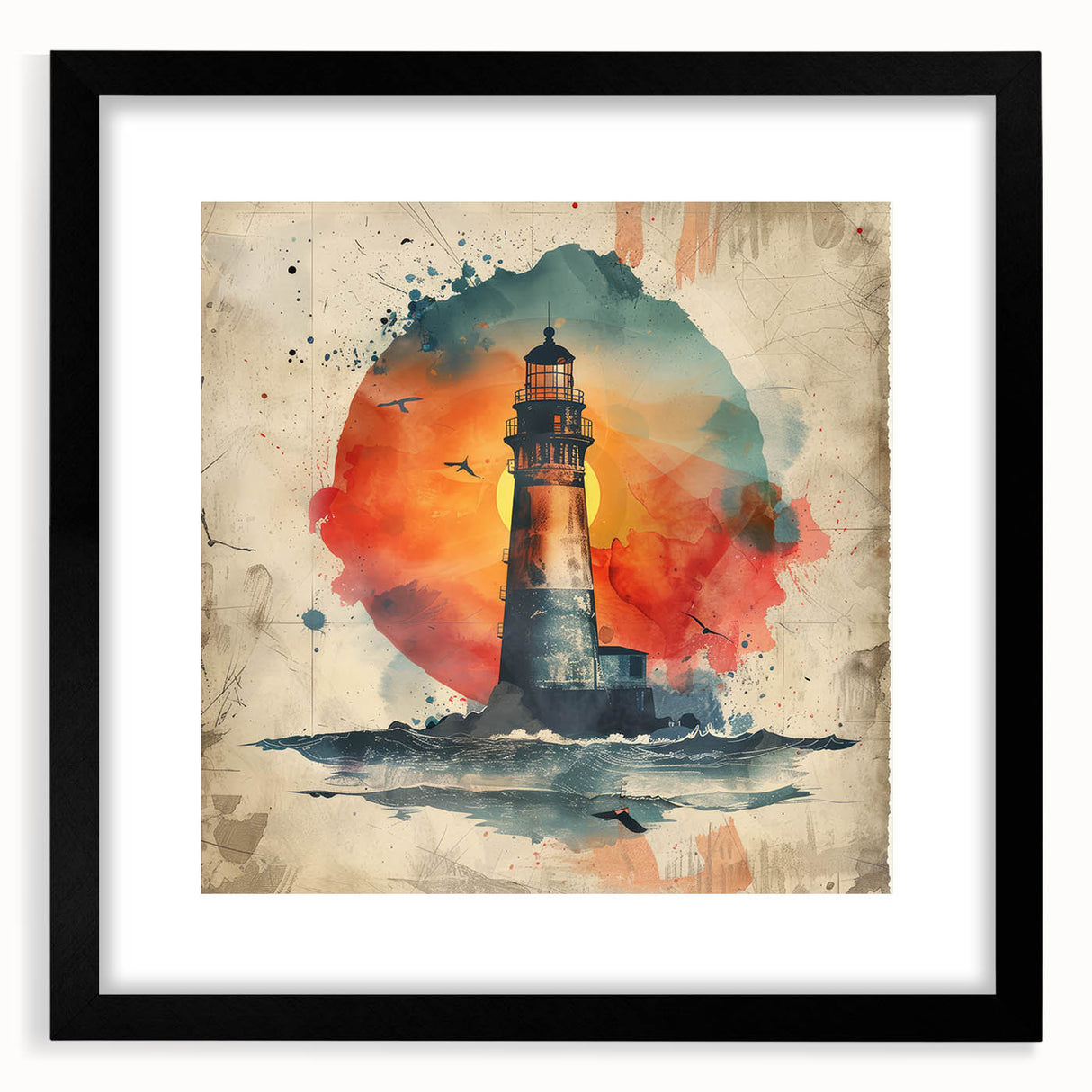 Black-framed wall art featuring a lighthouse design on a landscape, complete with a white mat, showcasing coastal scenery and serene colors, perfect for home decor.