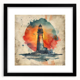 Black-framed wall art featuring a lighthouse design on a landscape, complete with a white mat, showcasing coastal scenery and serene colors, perfect for home decor.