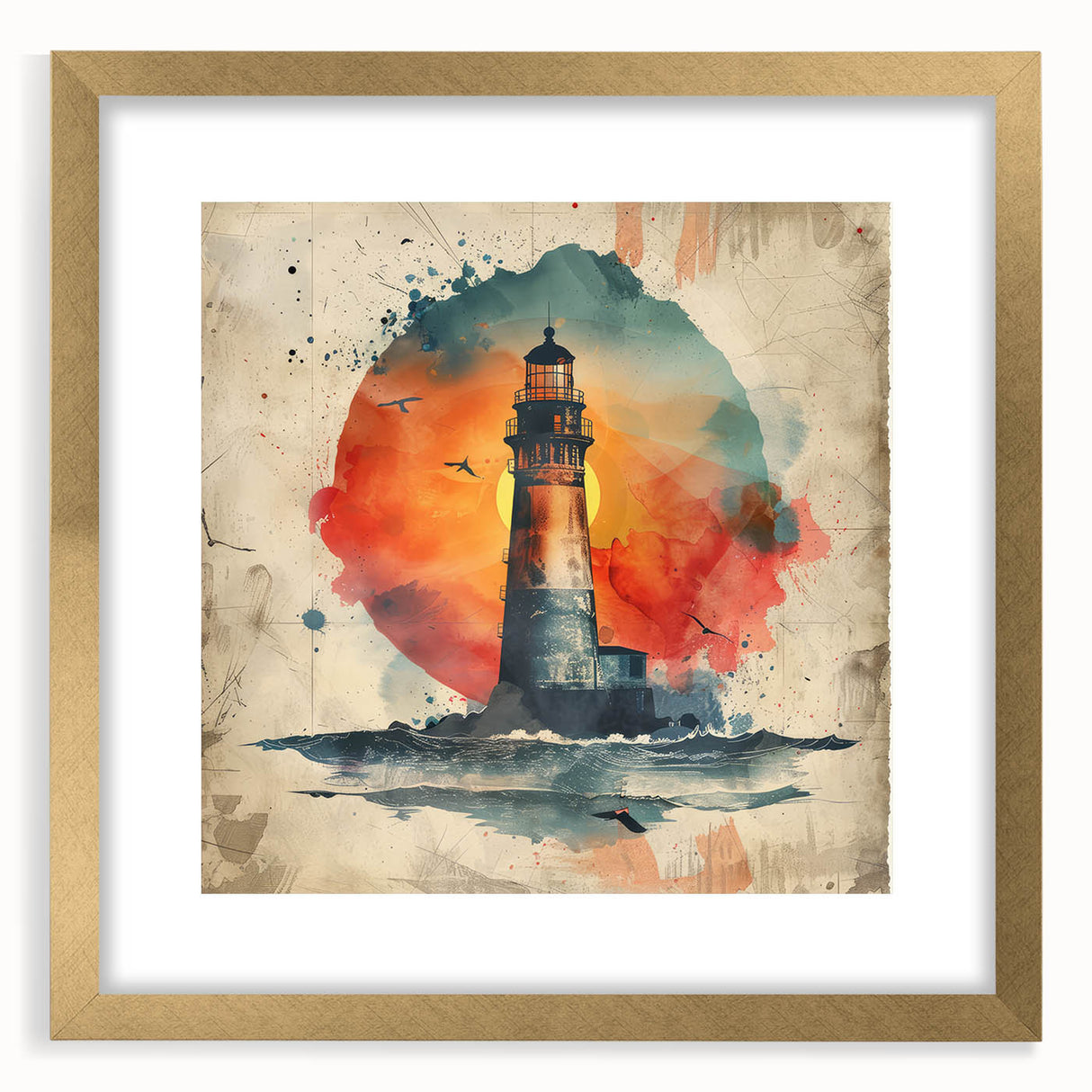 Framed landscape wall art featuring a serene lighthouse scene, accented with a gold mat and elegant frame, ideal for coastal home decor, enhancing any room's ambiance.