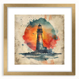 Framed landscape wall art featuring a serene lighthouse scene, accented with a gold mat and elegant frame, ideal for coastal home decor, enhancing any room's ambiance.