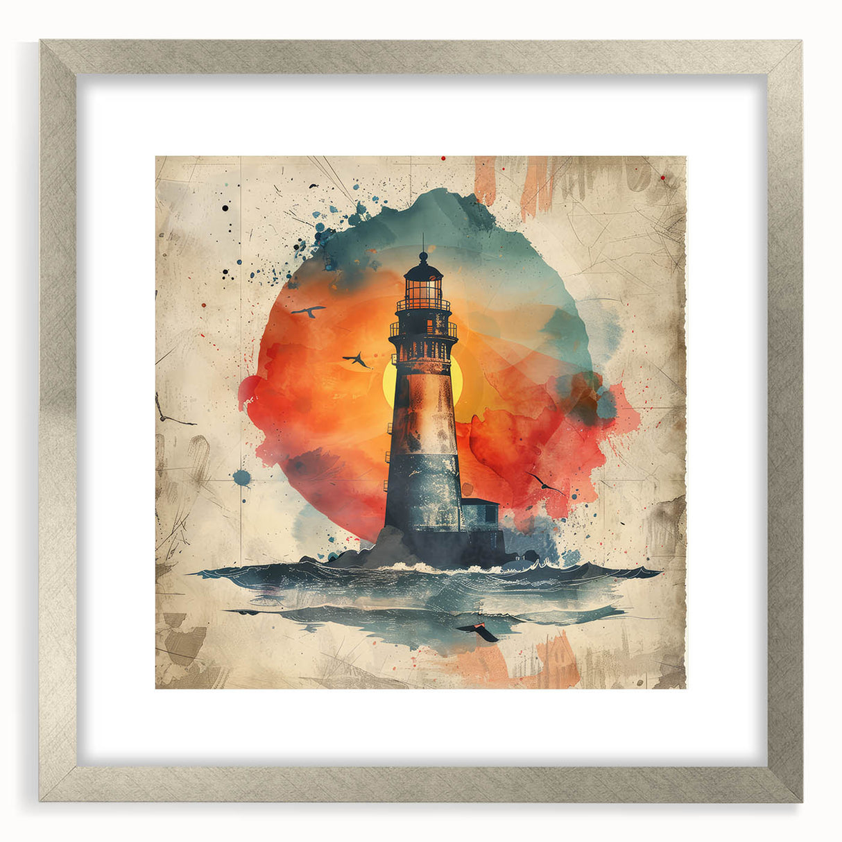 Framed wall art depicting a serene lighthouse landscape, featuring a silver mat and sleek frame, perfect for enhancing coastal-themed home decor with elegance.