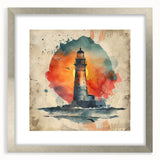 Framed wall art depicting a serene lighthouse landscape, featuring a silver mat and sleek frame, perfect for enhancing coastal-themed home decor with elegance.