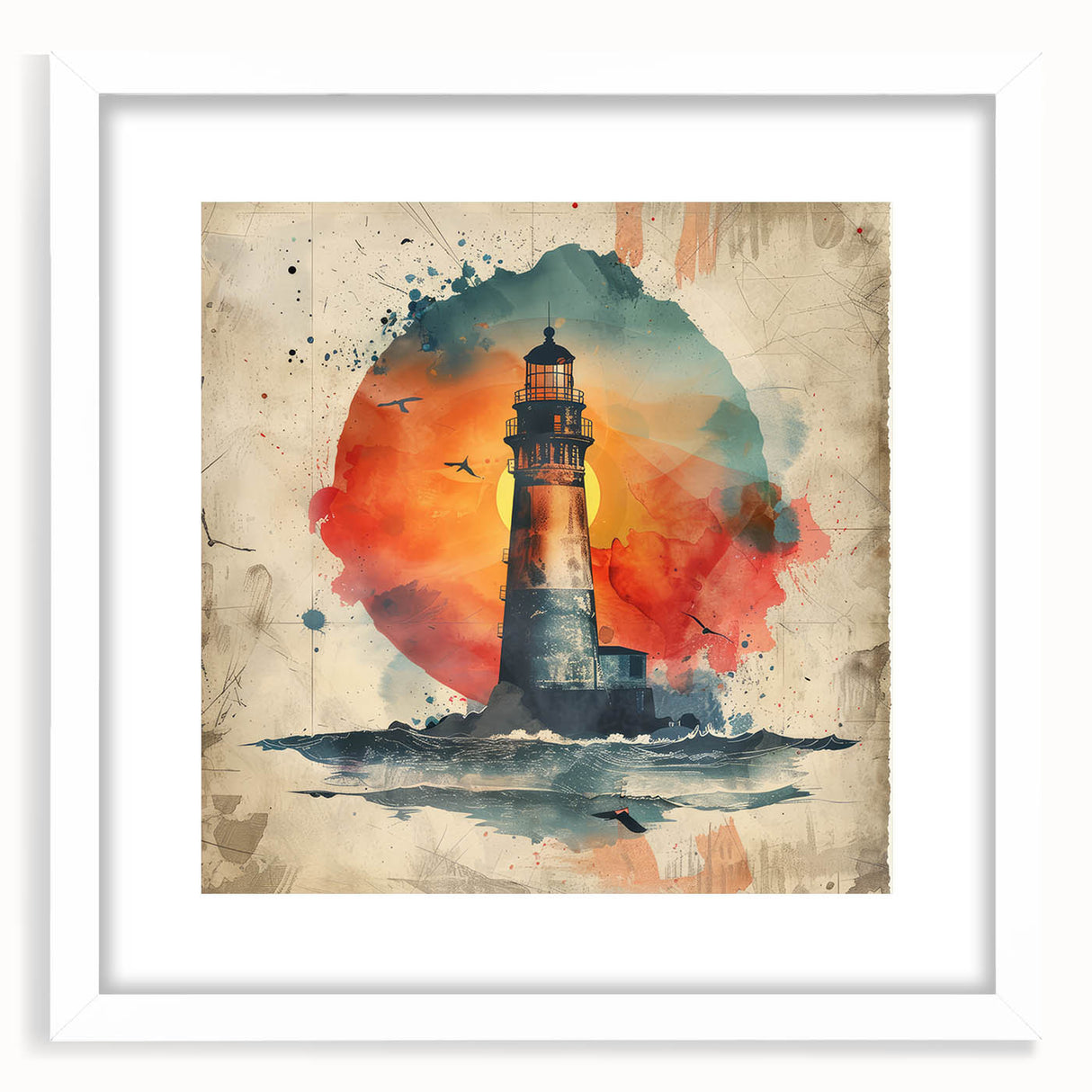 Front view of a framed lighthouse wall art piece, featuring a serene coastal landscape with a white mat, perfect for adding a nautical touch to home decor.