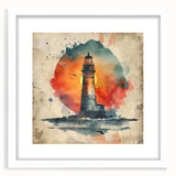 Front view of a framed lighthouse wall art piece, featuring a serene coastal landscape with a white mat, perfect for adding a nautical touch to home decor.