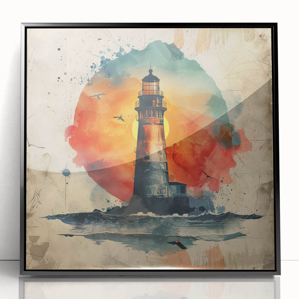 Framed acrylic wall art featuring a stunning lighthouse design, set against a calming seascape. The artwork is presented in a sleek black frame, enhancing its modern aesthetic and making it a perfect decorative piece for coastal-themed interiors.