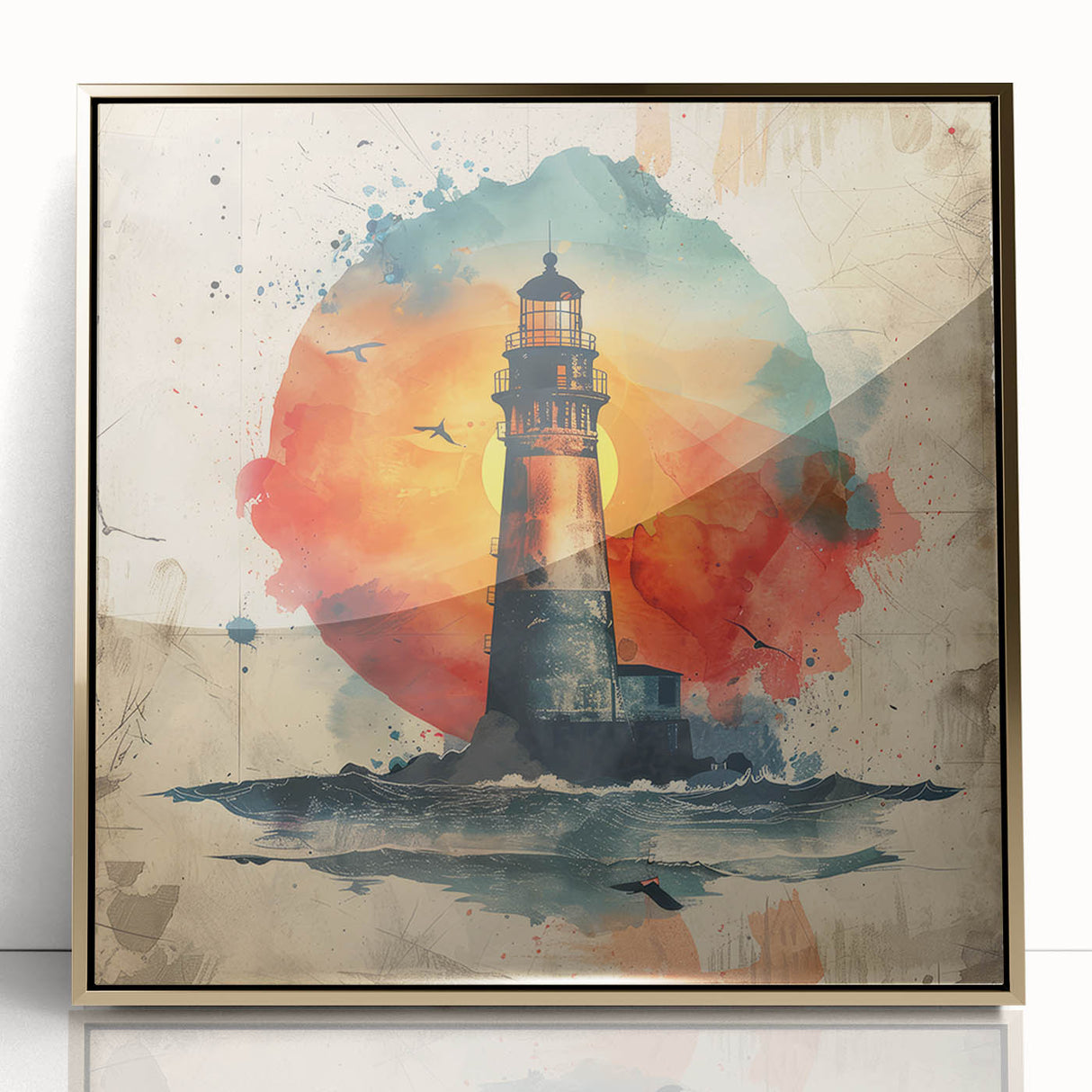 Framed acrylic wall art showcasing a lighthouse design with gold accents, set against a serene coastal landscape. Perfect for enhancing nautical home decor.