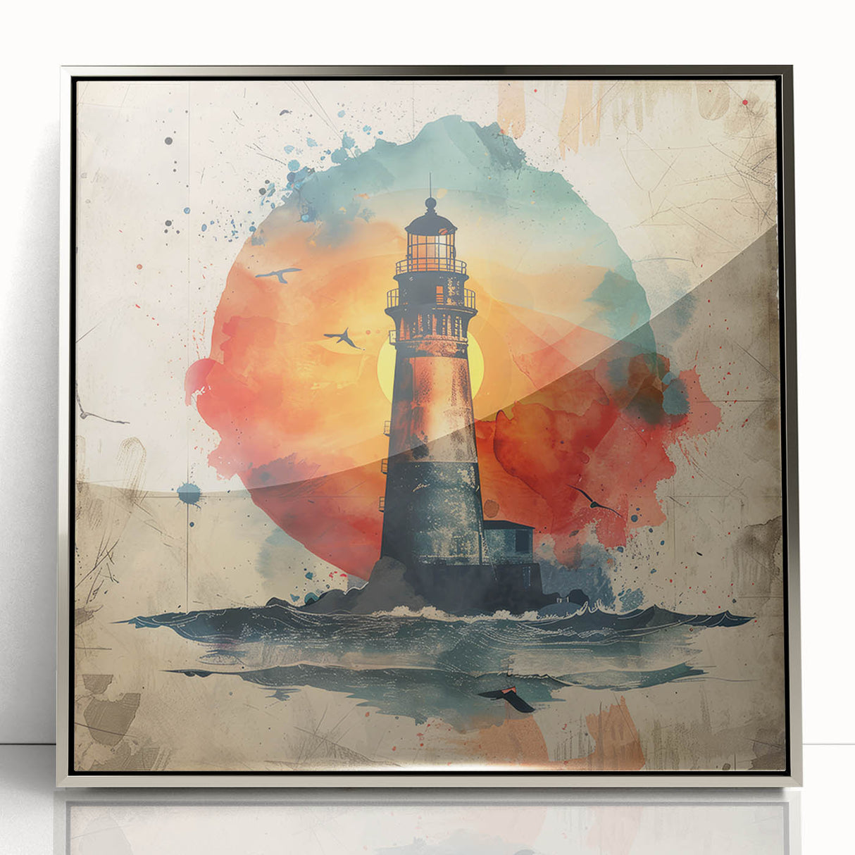 Framed wall art depicting a serene lighthouse landscape in silver acrylic, showcasing vibrant colors and intricate details, perfect for coastal home decor.