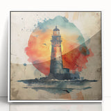 Framed acrylic wall art showcasing a serene lighthouse landscape design, featuring a white frame and a clear front view, perfect for coastal-themed decor.