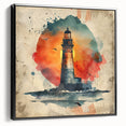 Framed canvas wall art depicting a serene lighthouse landscape with vibrant colors, black frame, and side view showcasing its modern design, perfect for coastal decor.