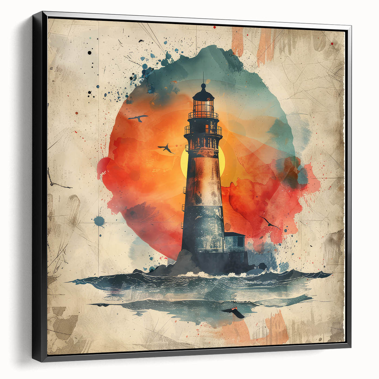 Framed canvas wall art depicting a serene lighthouse landscape with vibrant colors, black frame, and side view showcasing its modern design, perfect for coastal decor.