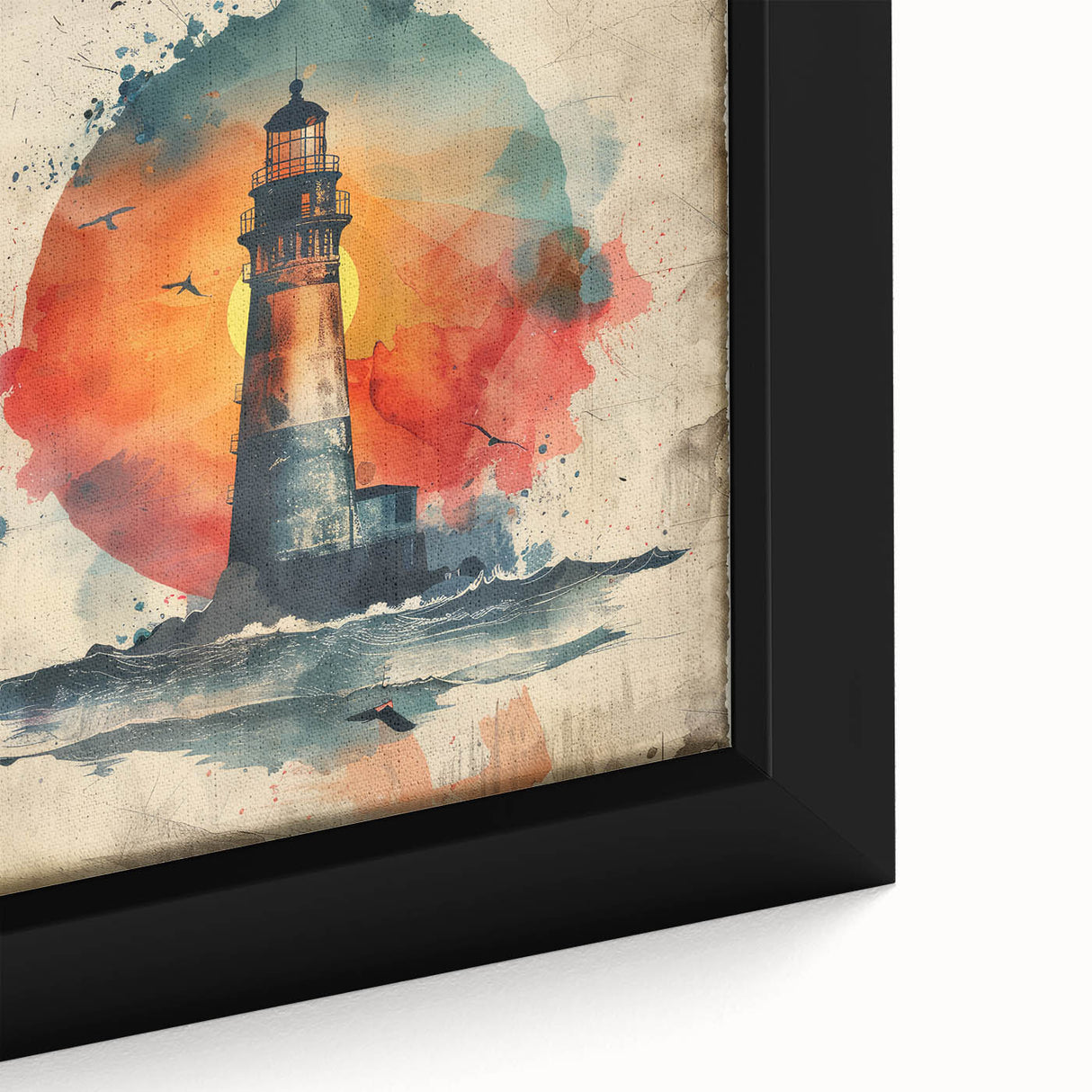 Close-up of a framed canvas wall art depicting a serene lighthouse landscape, featuring vibrant colors and intricate details, perfect for coastal decor enthusiasts.