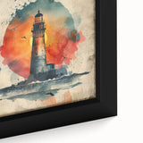Close-up of a framed canvas wall art depicting a serene lighthouse landscape, featuring vibrant colors and intricate details, perfect for coastal decor enthusiasts.