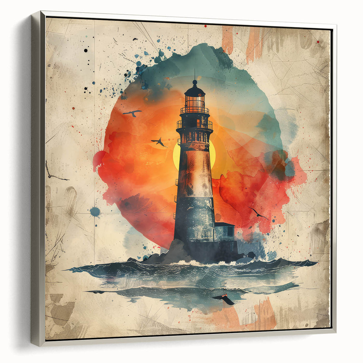 Framed canvas wall art depicting a serene lighthouse landscape, with a silver frame accentuating the vibrant colors of the ocean and sky, ideal for coastal decor.