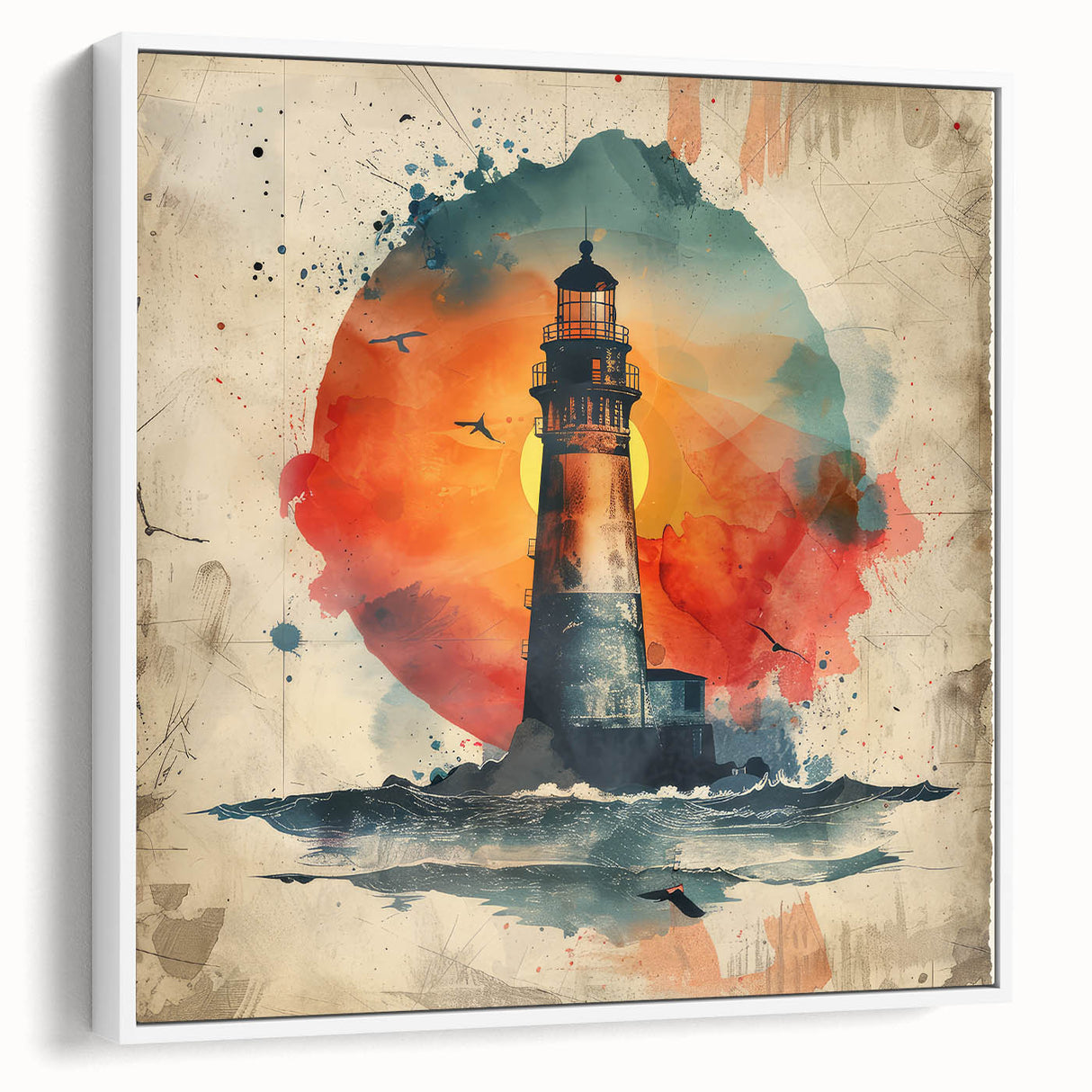 Framed canvas wall art depicting a serene lighthouse landscape in soft hues of blue and white, showcasing a coastal scene with a tranquil sky, perfect for home decor.