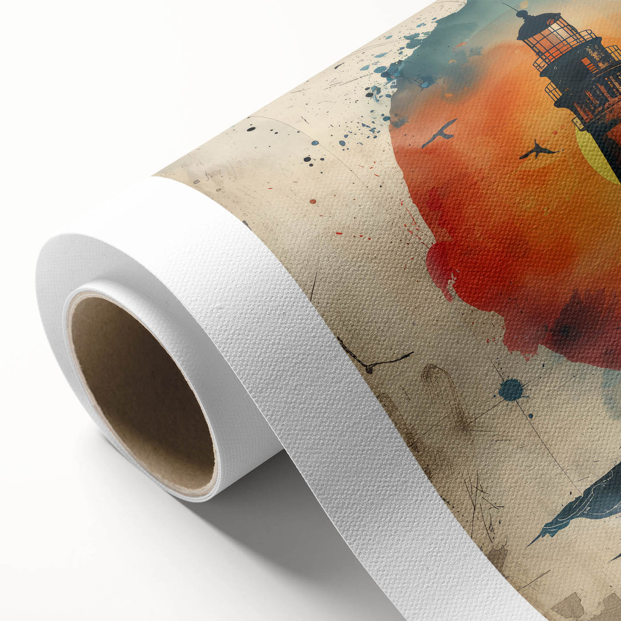 Rolled canvas artwork depicting a serene lighthouse landscape, featuring vibrant colors and intricate details, ideal for enhancing home decor and creating a calming atmosphere.