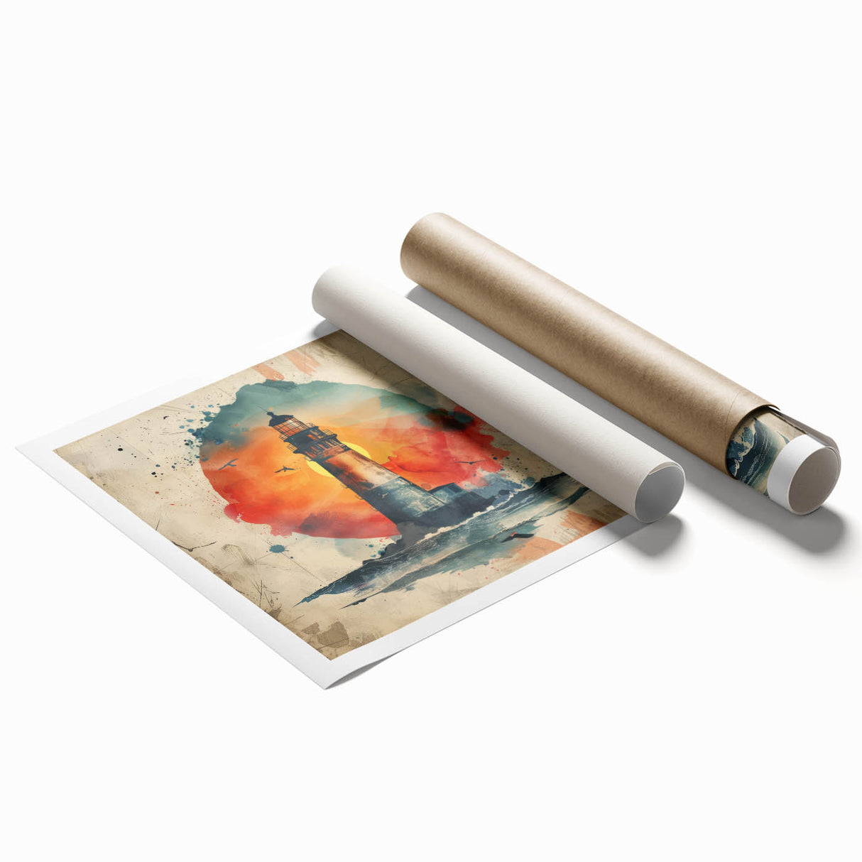 Coastal wall art print showcasing a vibrant lighthouse surrounded by colorful landscapes, rolled and ready for framing. Ideal for nautical home decor enthusiasts.